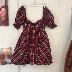 Maeve Burgundy and Black Plaid Dress gath skater girl whimsygoth alternative